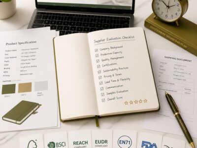 Stationery sourcing from China planning setup showing supplier checklist certification documents Pantone swatches shipping papers and pen on white marble desk