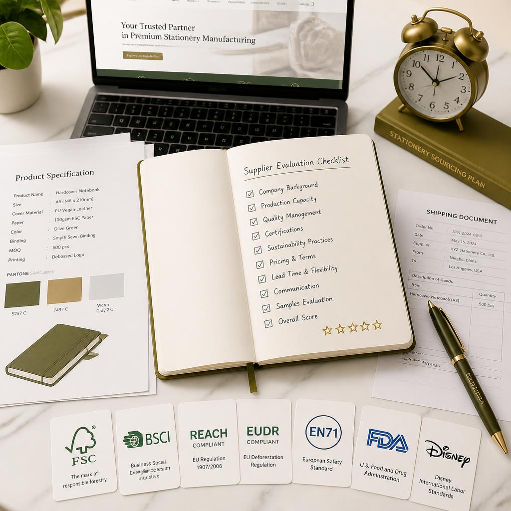 Stationery sourcing from China planning setup showing supplier checklist certification documents Pantone swatches shipping papers and pen on white marble desk