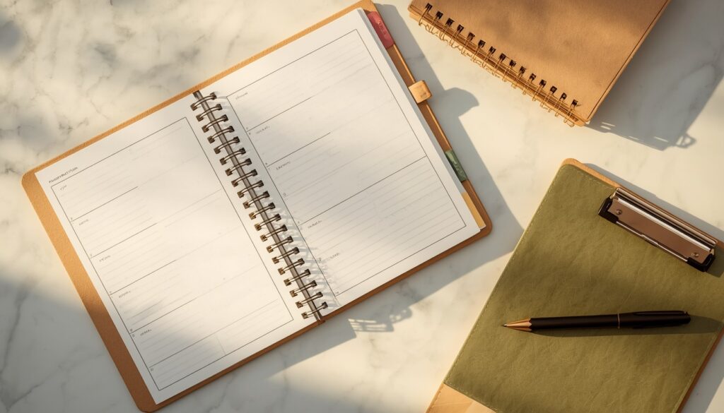 Planner Quality Control: How We Test Layout Alignment, Margins & Specialty Features 1 Planner quality control inspection with ruler measuring margin next to spiral-bound planner samples