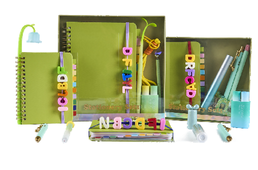 Green interchangeable-letter notebook and matching stationery set