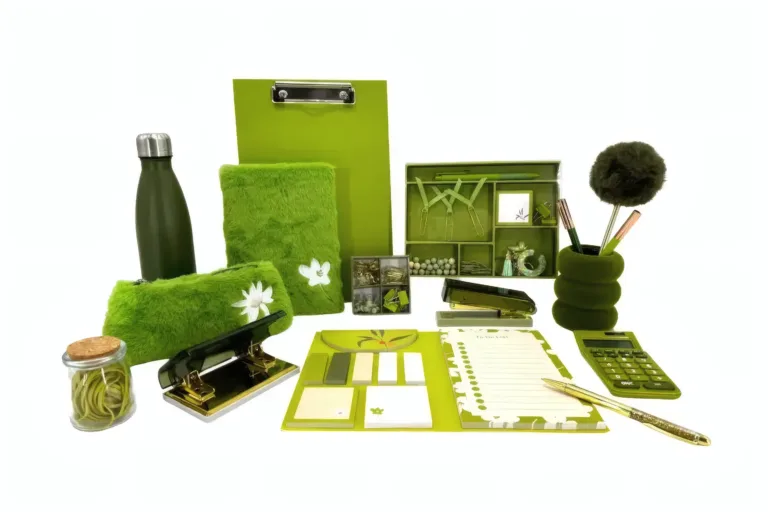 Coordinated green stationery with notebooks, a pencil case and desk accessories.