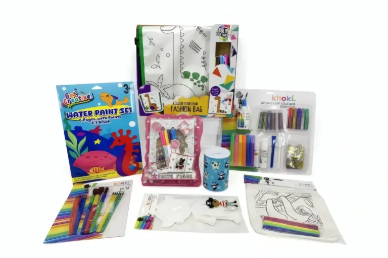 Arts and crafts products arranged as a retail range.