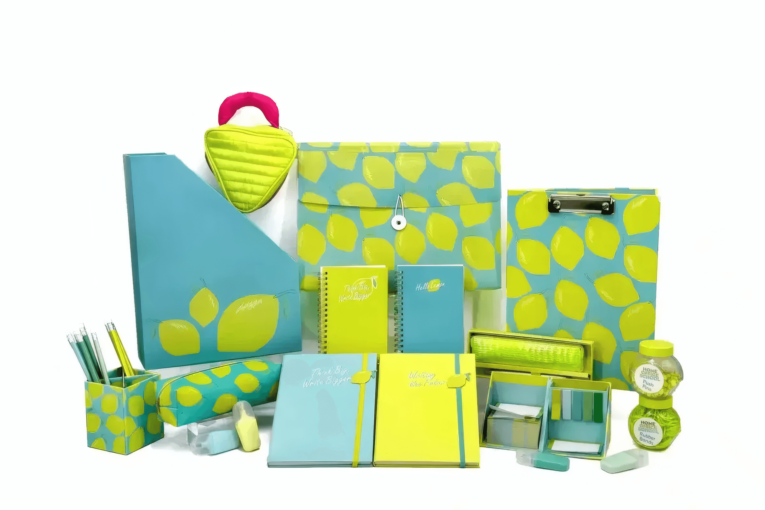 Coordinated lemon-pattern stationery collection with notebooks, folders, cases and desk accessories.